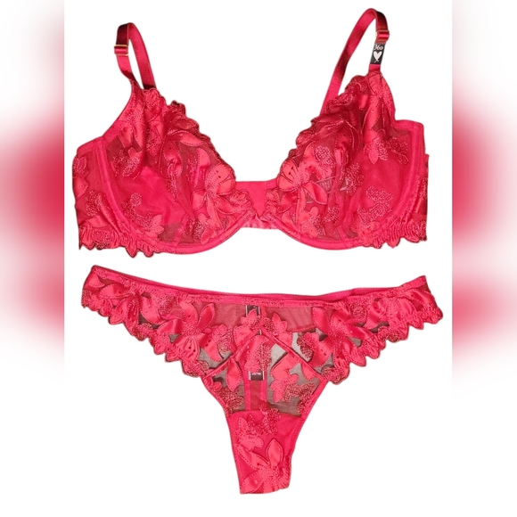 Victoria's Secret LUXE Unlined Appliqué Embroidered Demi Thong Bra Set, 36D/Med - Picture 2 of 6